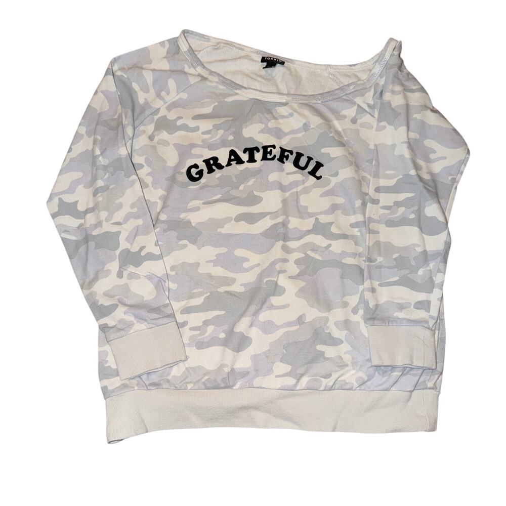 Torrid Grateful Terry Off Shoulder Sweatshirt Women's Size 00 M Light Gray Camo